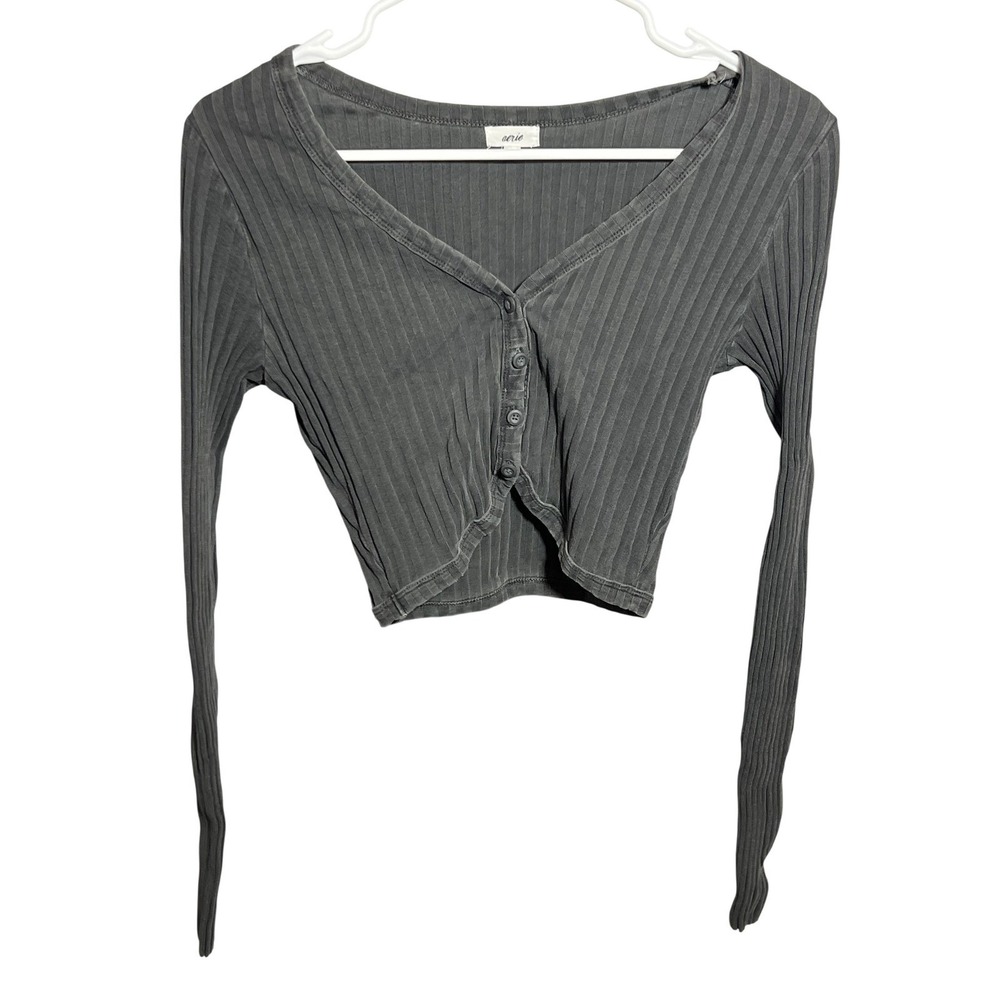 Aerie Ribbed Button Front‎ Crop Top Long Sleeve Washed Gray Women's Size S